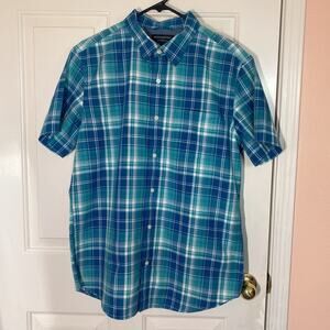 Banana Republic Green and Blue Plaid Button Down Collared Top Front Pocket | L